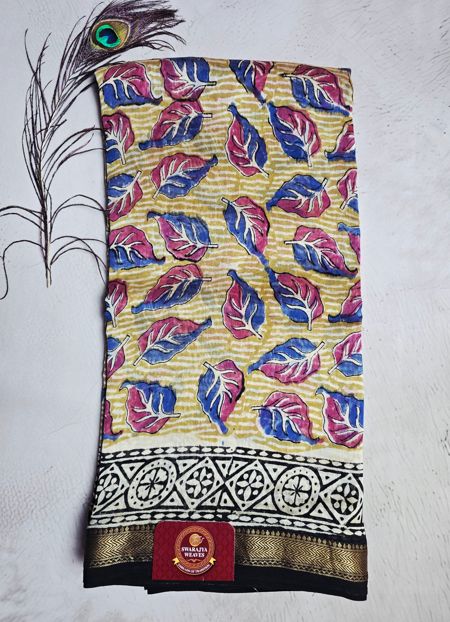 Mustard Yellow, Pink & Blue Leaf Print Maheshwari Silk Saree with Black-Ivory Geometric Border & Antique-Gold Zari