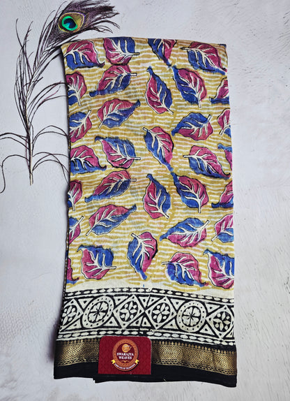 Mustard Yellow, Pink & Blue Leaf Print Maheshwari Silk Saree with Black-Ivory Geometric Border & Antique-Gold Zari
