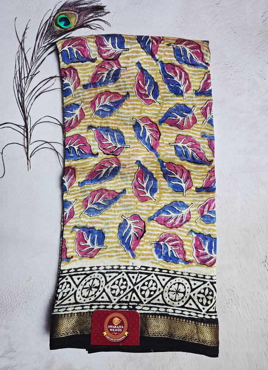 Mustard Yellow, Pink & Blue Leaf Print Maheshwari Silk Saree with Black-Ivory Geometric Border & Antique-Gold Zari