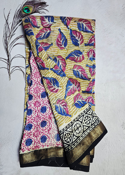 Mustard Yellow, Pink & Blue Leaf Print Maheshwari Silk Saree with Black-Ivory Geometric Border & Antique-Gold Zari