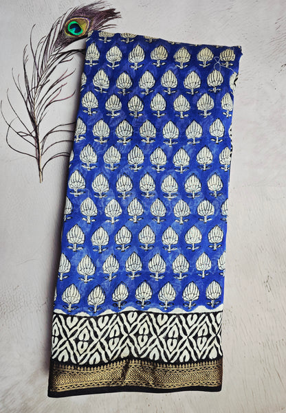 Royal Blue & Ivory Lotus Motif Maheshwari Silk Saree with Black-Ivory Geometric Border & Antique-Gold Zari