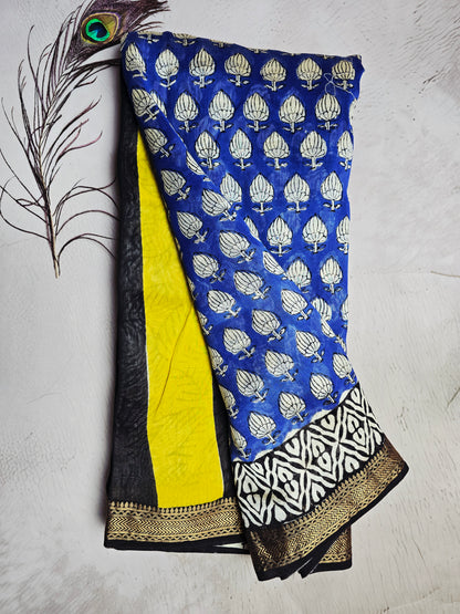 Royal Blue & Ivory Lotus Motif Maheshwari Silk Saree with Black-Ivory Geometric Border & Antique-Gold Zari