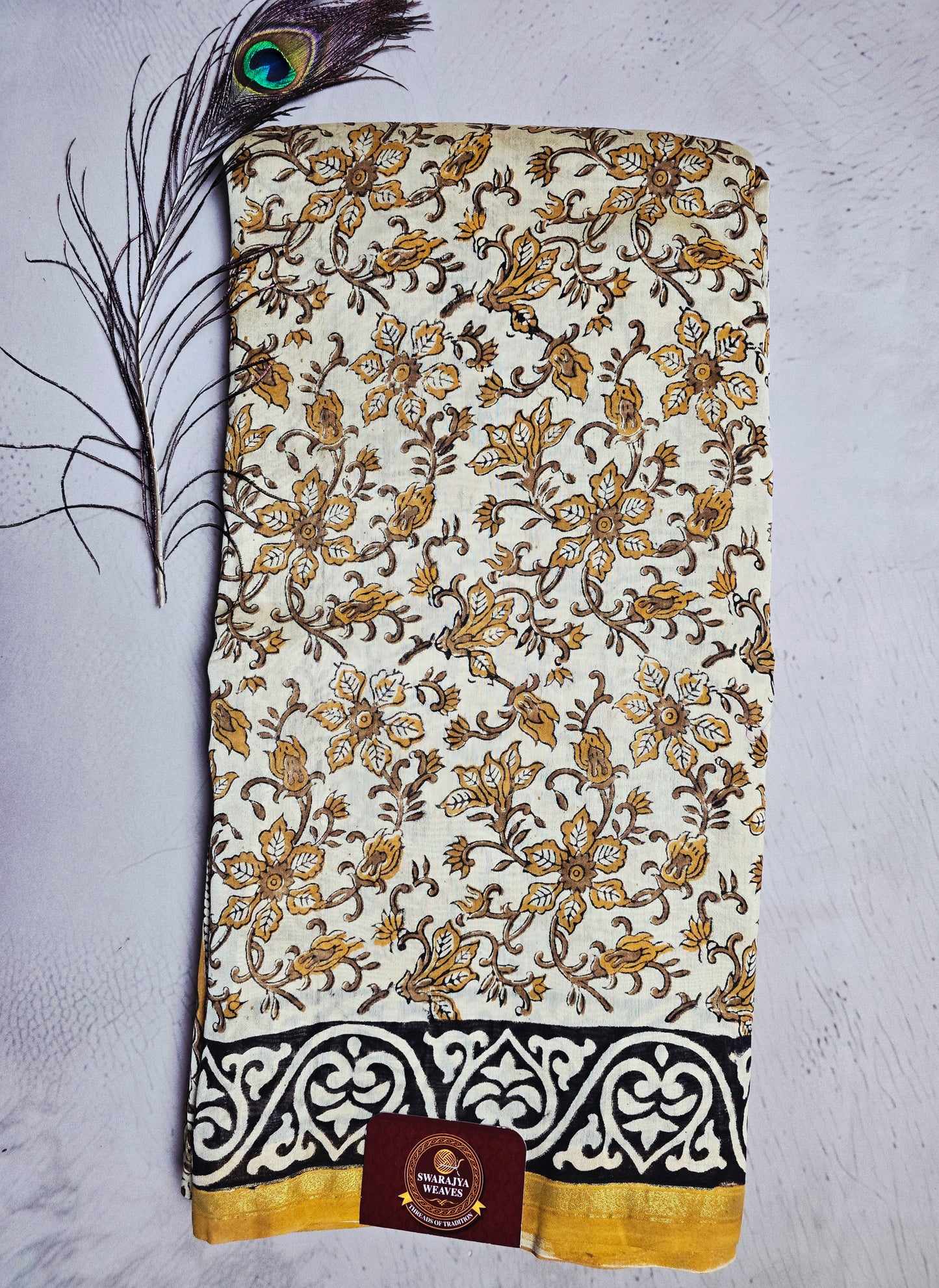Ivory Chanderi Silk Ajrakh Handblock Saree with Mustard Floral Motifs & Black Border