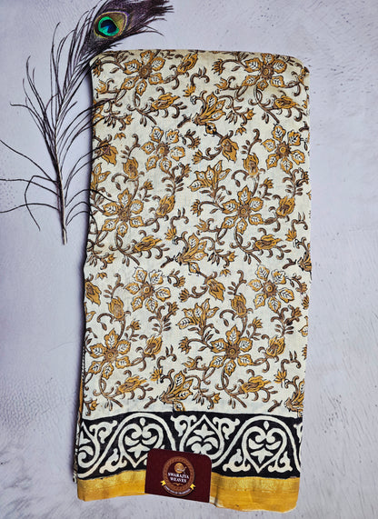 Ivory Chanderi Silk Ajrakh Handblock Saree with Mustard Floral Motifs & Black Border