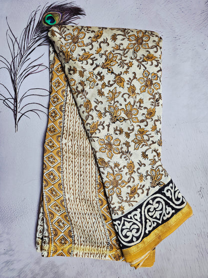 Ivory Chanderi Silk Ajrakh Handblock Saree with Mustard Floral Motifs & Black Border