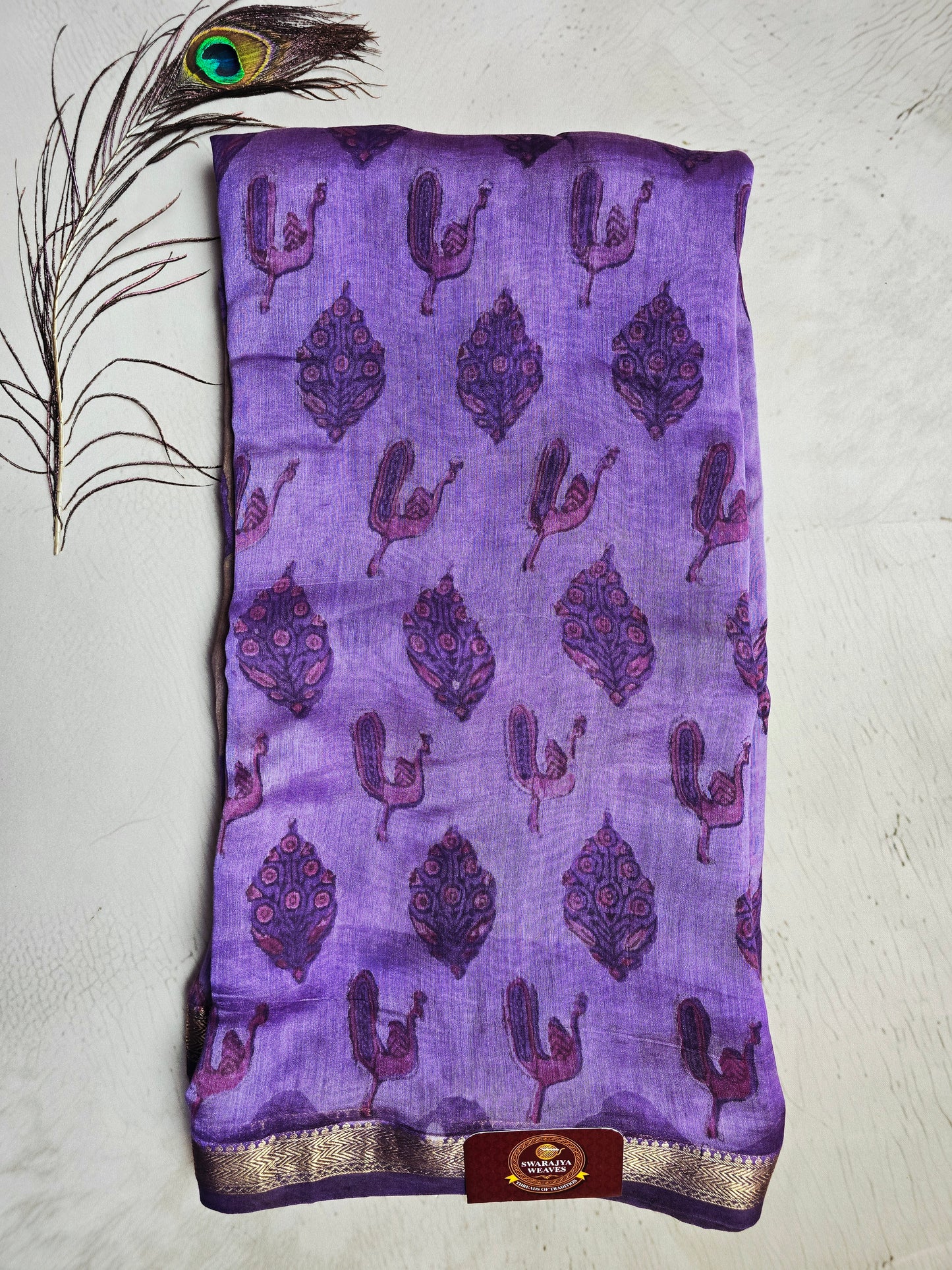 Royal Purple Maheshwari Silk Ajrakh Saree with Peacock & Floral Motifs