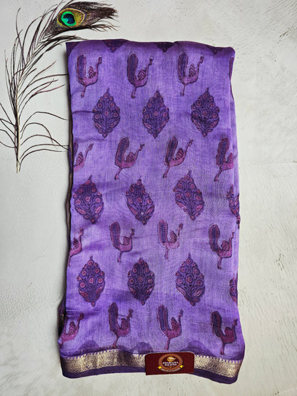 Royal Purple Maheshwari Silk Ajrakh Saree with Peacock & Floral Motifs
