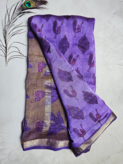 Royal Purple Maheshwari Silk Ajrakh Saree with Peacock & Floral Motifs