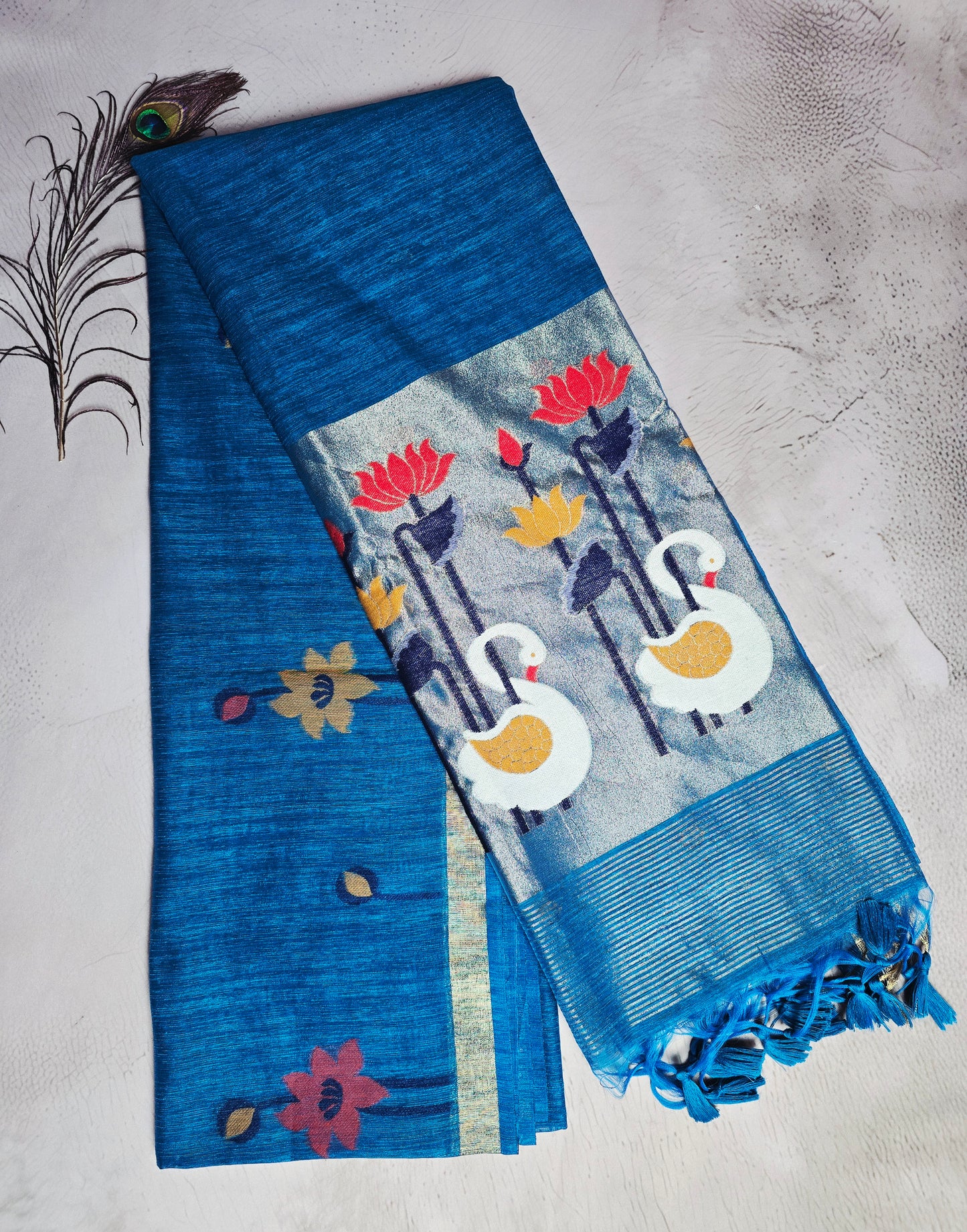 Royal Blue & Silver-Grey Tussar Silk Saree with Floral Motifs and Swan Jamdani Pallu