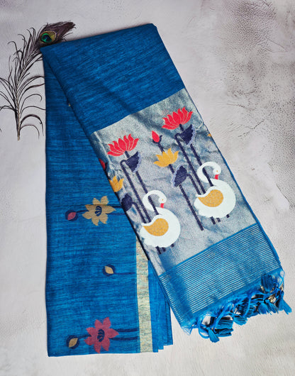 Royal Blue & Silver-Grey Tussar Silk Saree with Floral Motifs and Swan Jamdani Pallu