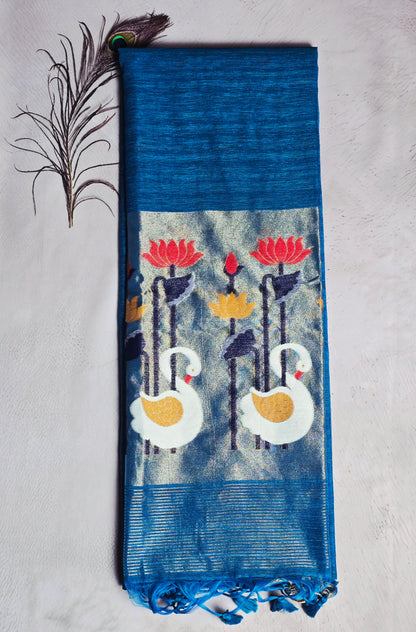 Royal Blue & Silver-Grey Tussar Silk Saree with Floral Motifs and Swan Jamdani Pallu