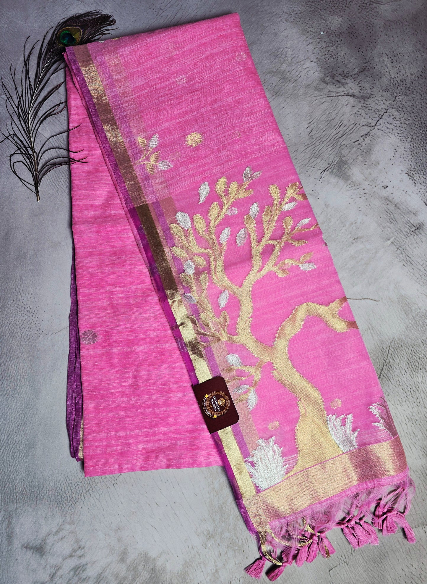 Pink & Antique Gold Tussar Silk Saree with Tree Motif Jamdani Pallu & Zari Tassels