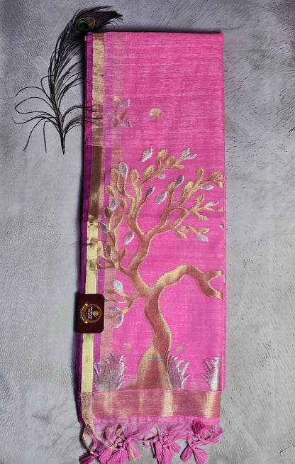 Pink & Antique Gold Tussar Silk Saree with Tree Motif Jamdani Pallu & Zari Tassels