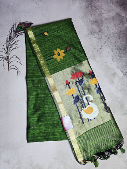 Emerald Green & Silver-Grey Tussar Silk Saree with Swan Jamdani Pallu & Floral Motifs