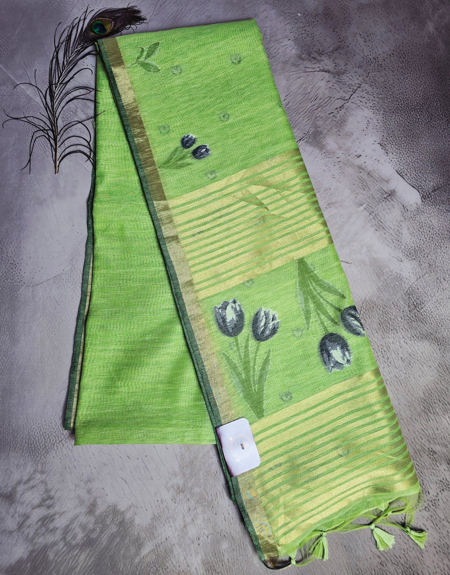 Parrot Green Tussar Silk Saree with Floral Motifs & Golden Jamdani Pallu
