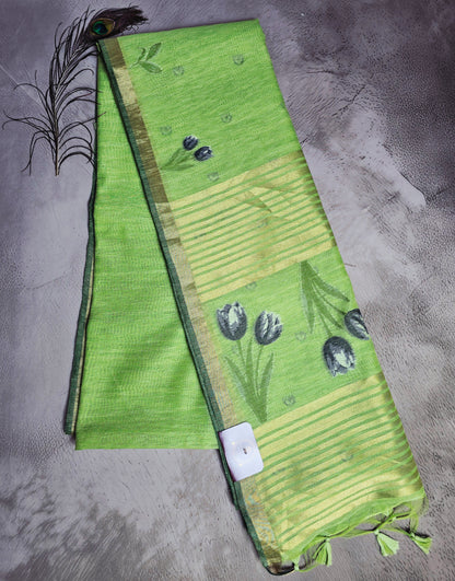Parrot Green Tussar Silk Saree with Floral Motifs & Golden Jamdani Pallu