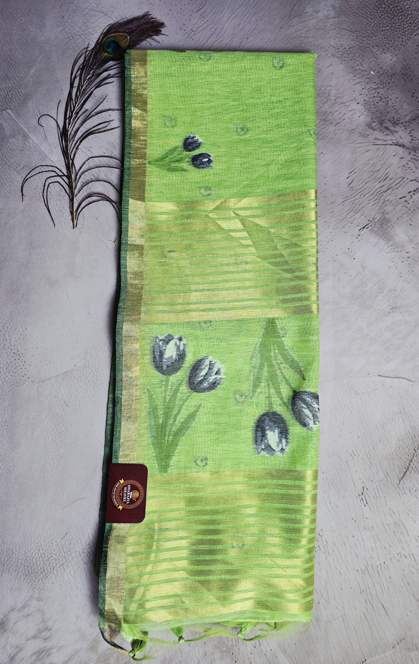 Parrot Green Tussar Silk Saree with Floral Motifs & Golden Jamdani Pallu