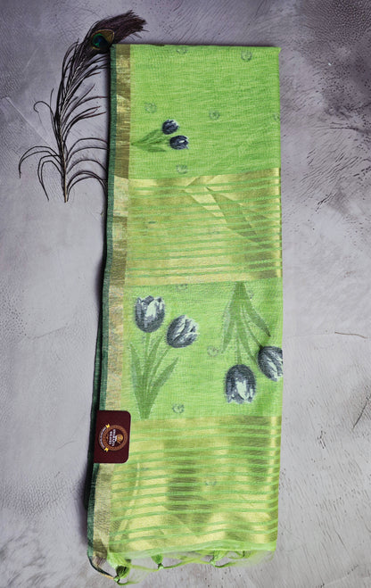 Parrot Green Tussar Silk Saree with Floral Motifs & Golden Jamdani Pallu