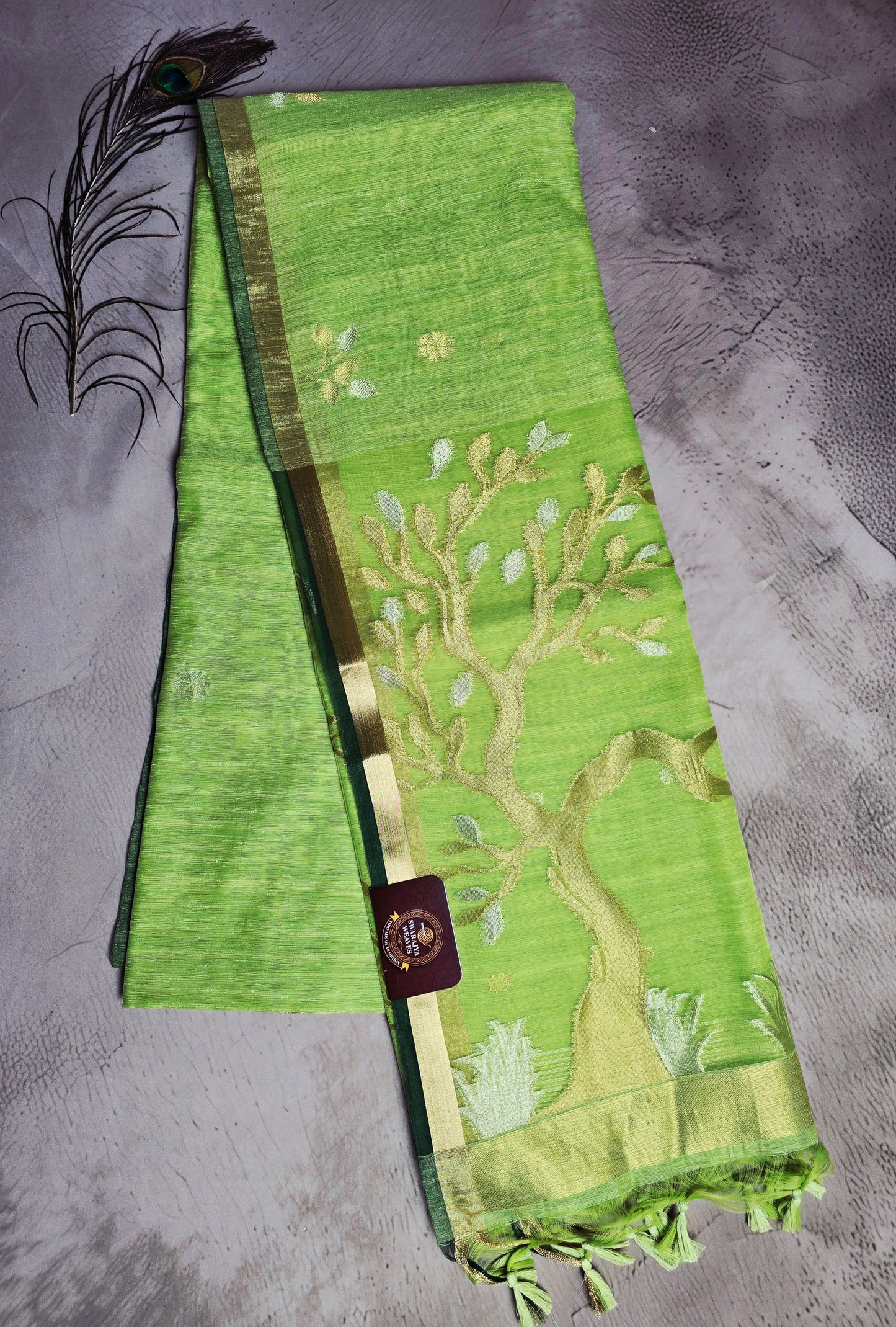 Parrot Green Tussar Silk Saree with Tree Motif Jamdani Pallu