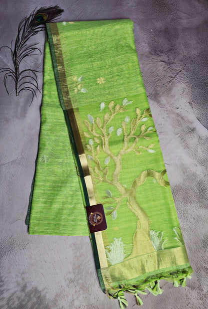 Parrot Green Tussar Silk Saree with Tree Motif Jamdani Pallu