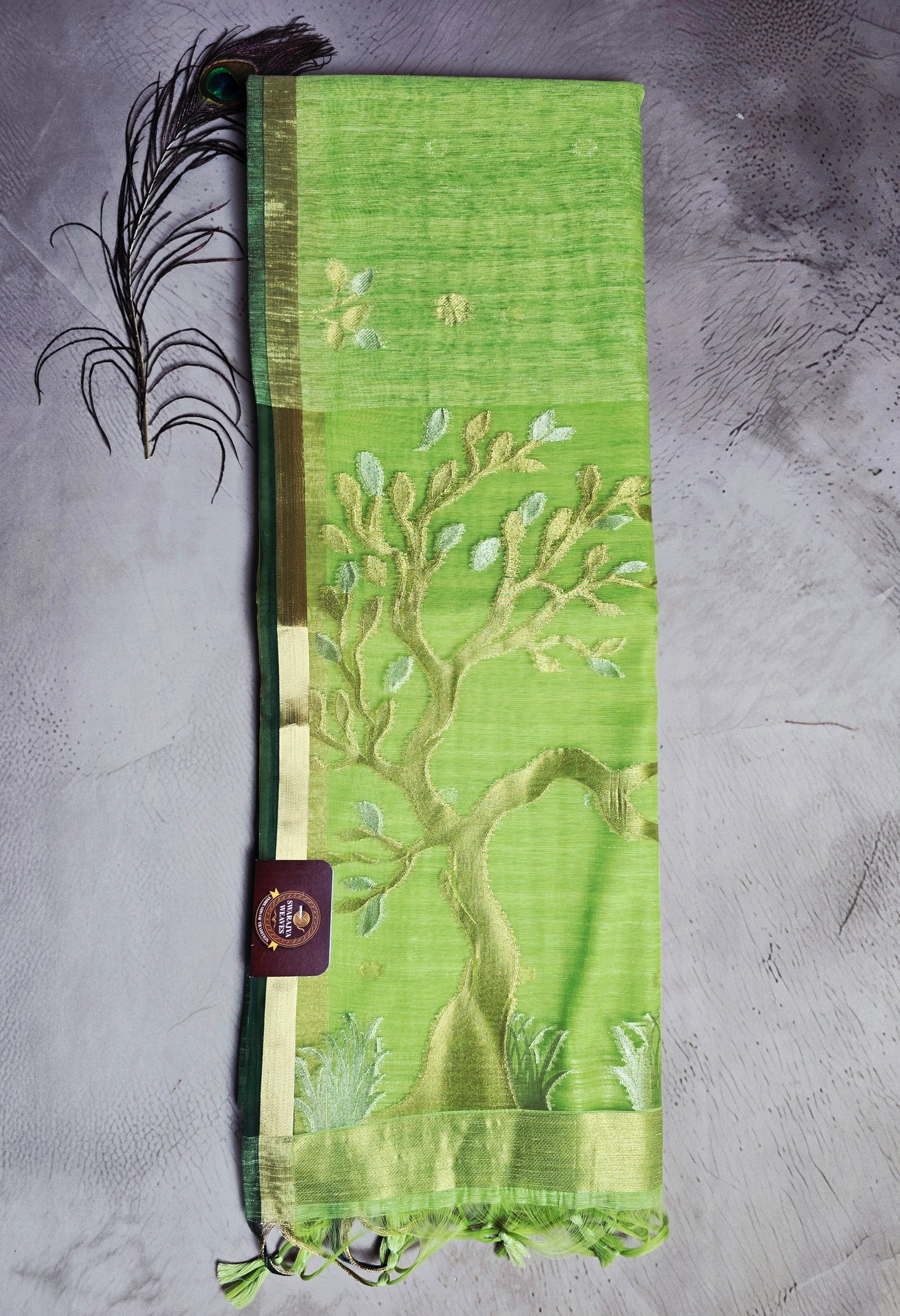 Parrot Green Tussar Silk Saree with Tree Motif Jamdani Pallu