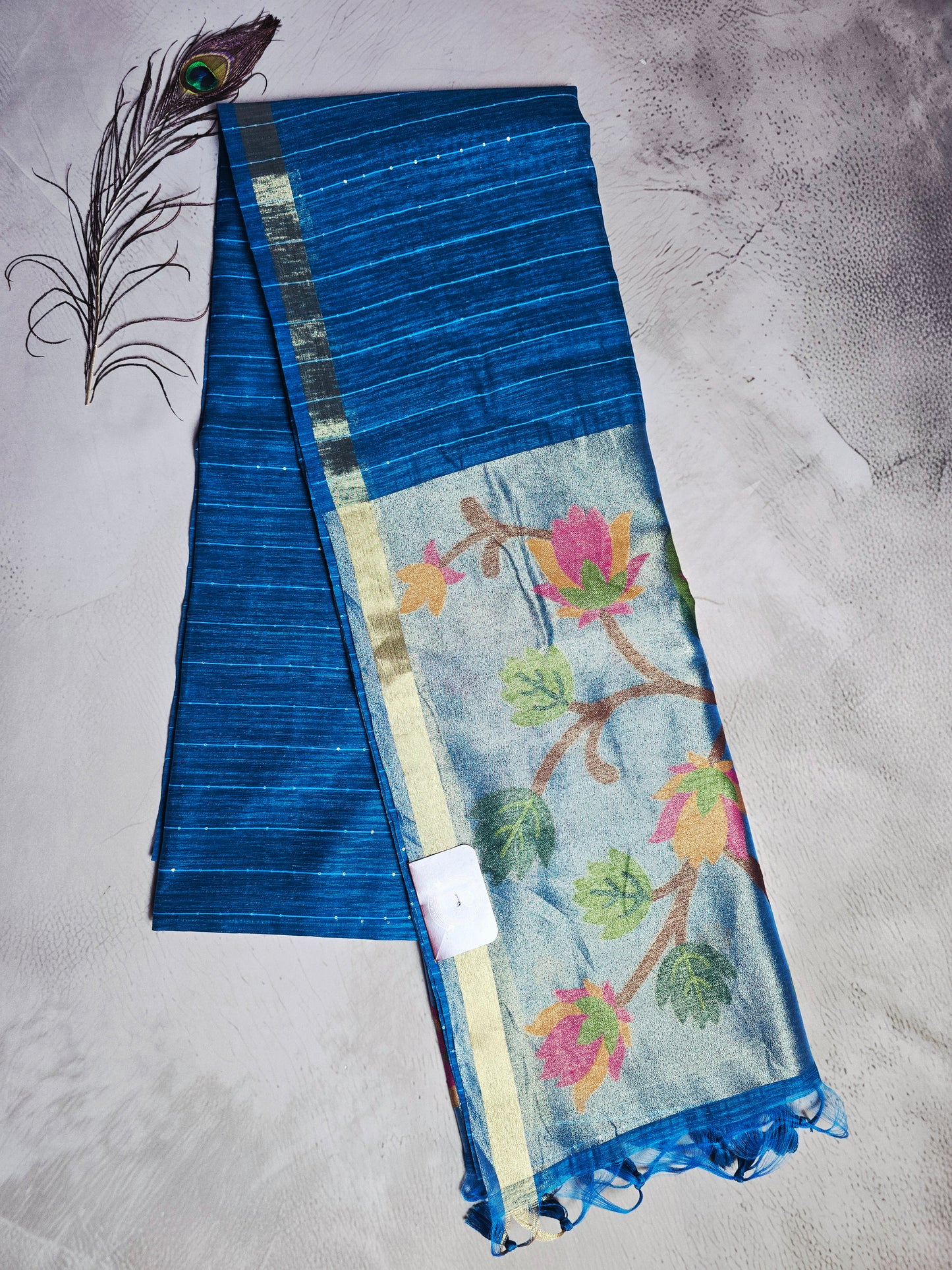 Royal Blue Tussar Silk Saree with Floral Jamdani Pallu