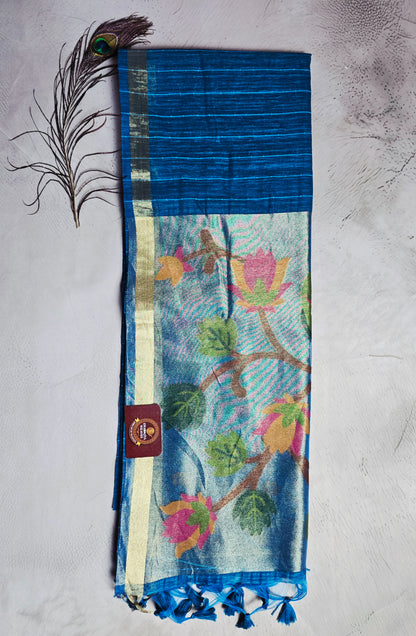 Royal Blue Tussar Silk Saree with Floral Jamdani Pallu
