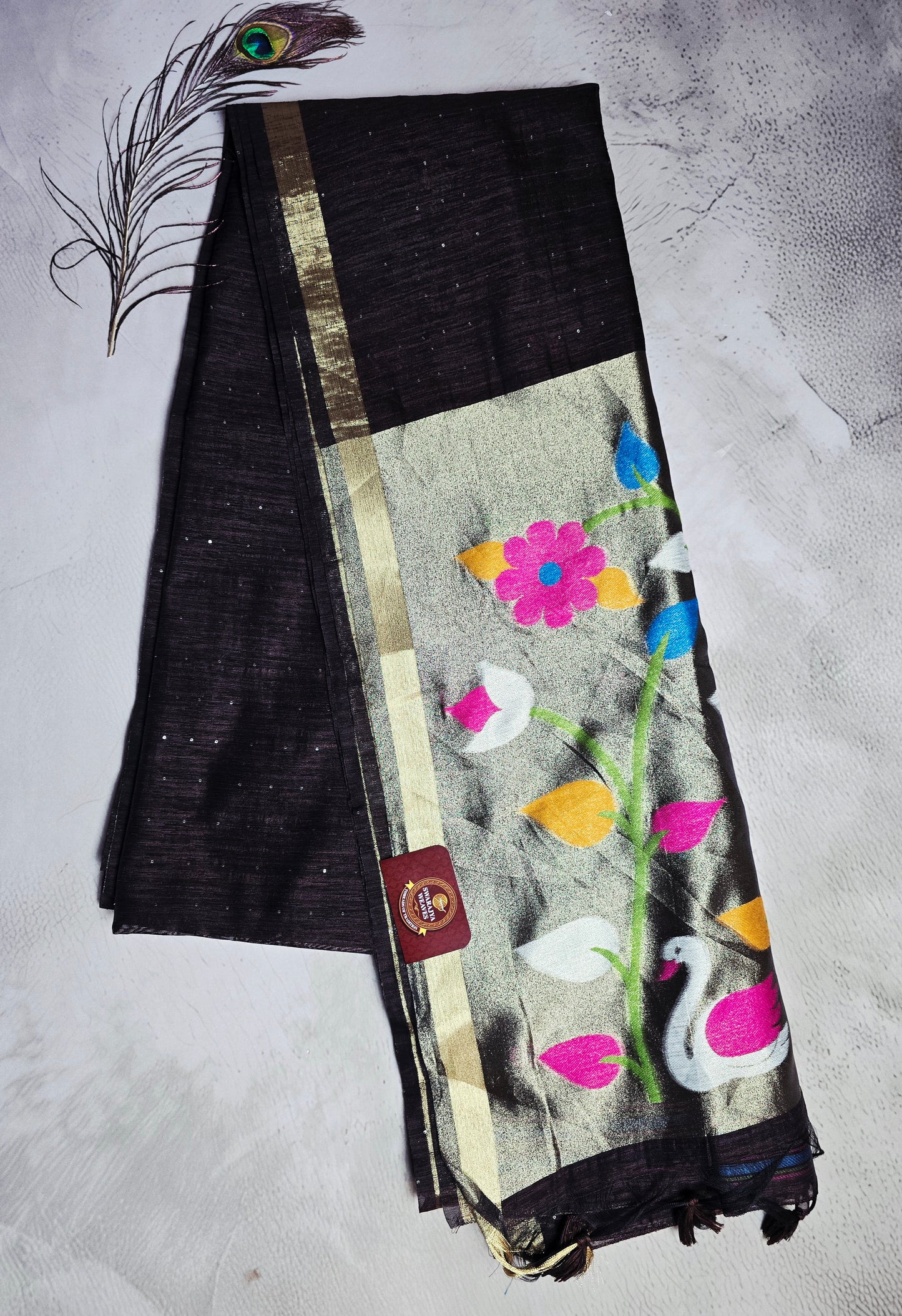 Black Tussar Silk Saree with Floral & Swan Jamdani Pallu