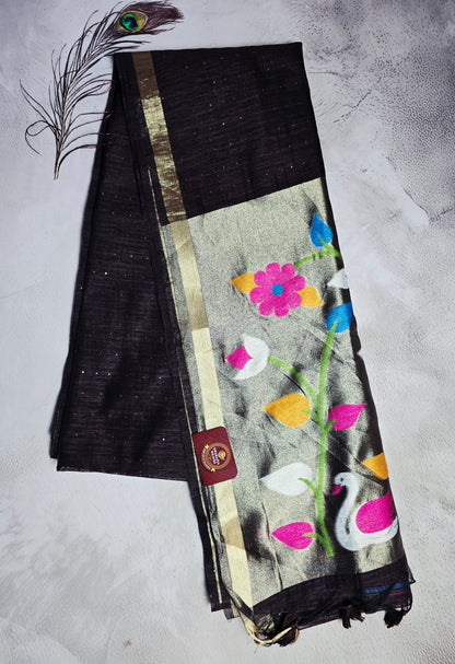 Black Tussar Silk Saree with Floral & Swan Jamdani Pallu