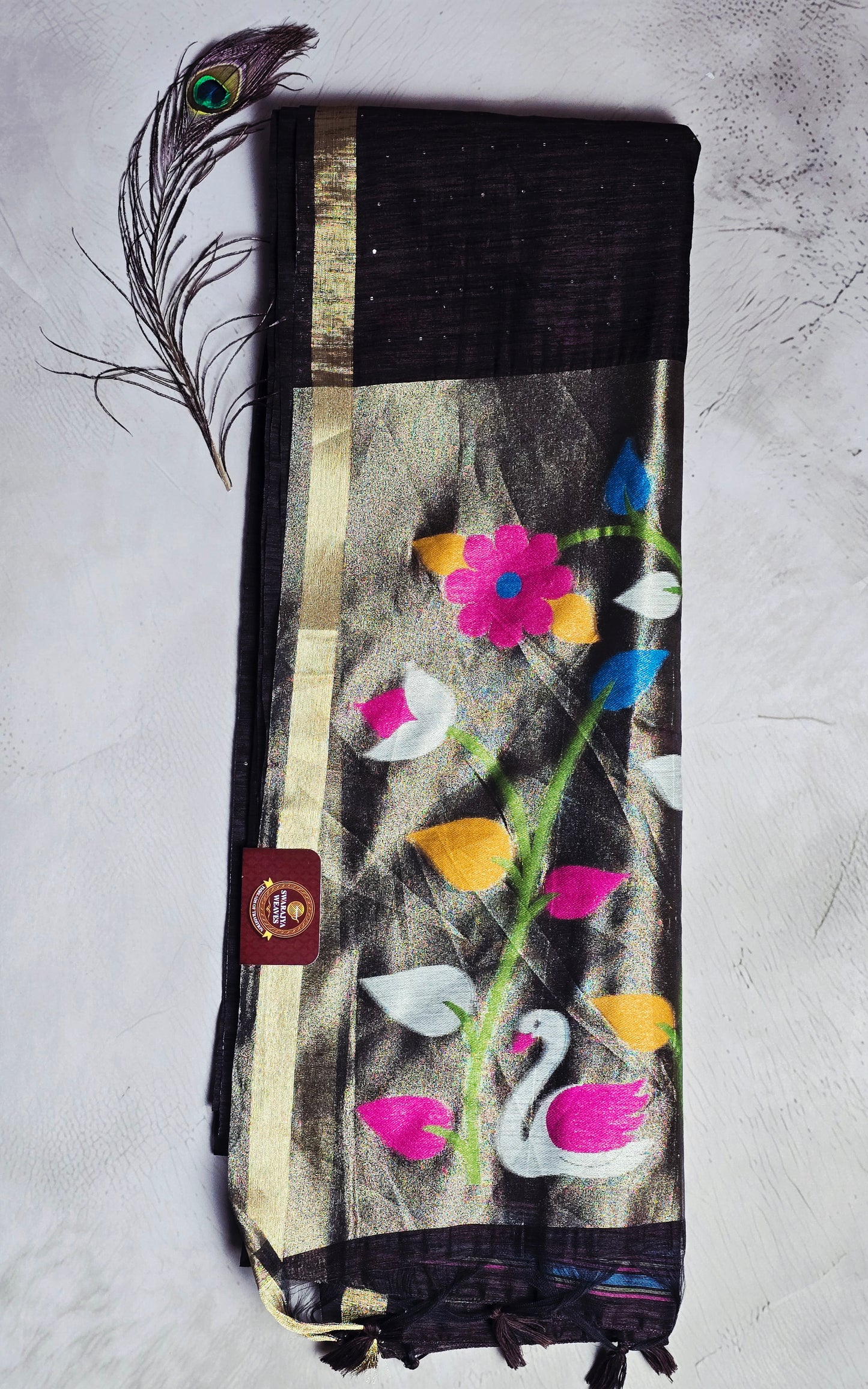 Black Tussar Silk Saree with Floral & Swan Jamdani Pallu