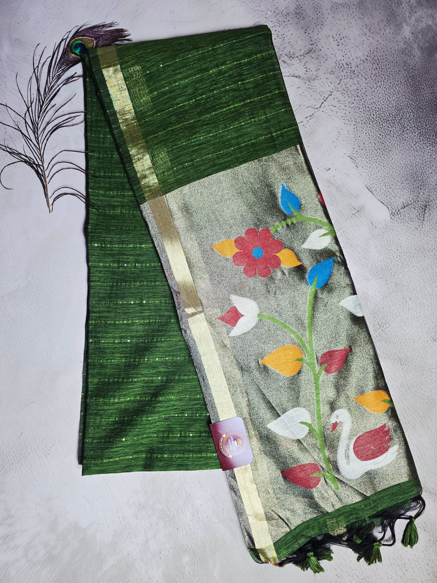 Emerald Green Tussar Silk Saree with Floral & Swan Jamdani Pallu