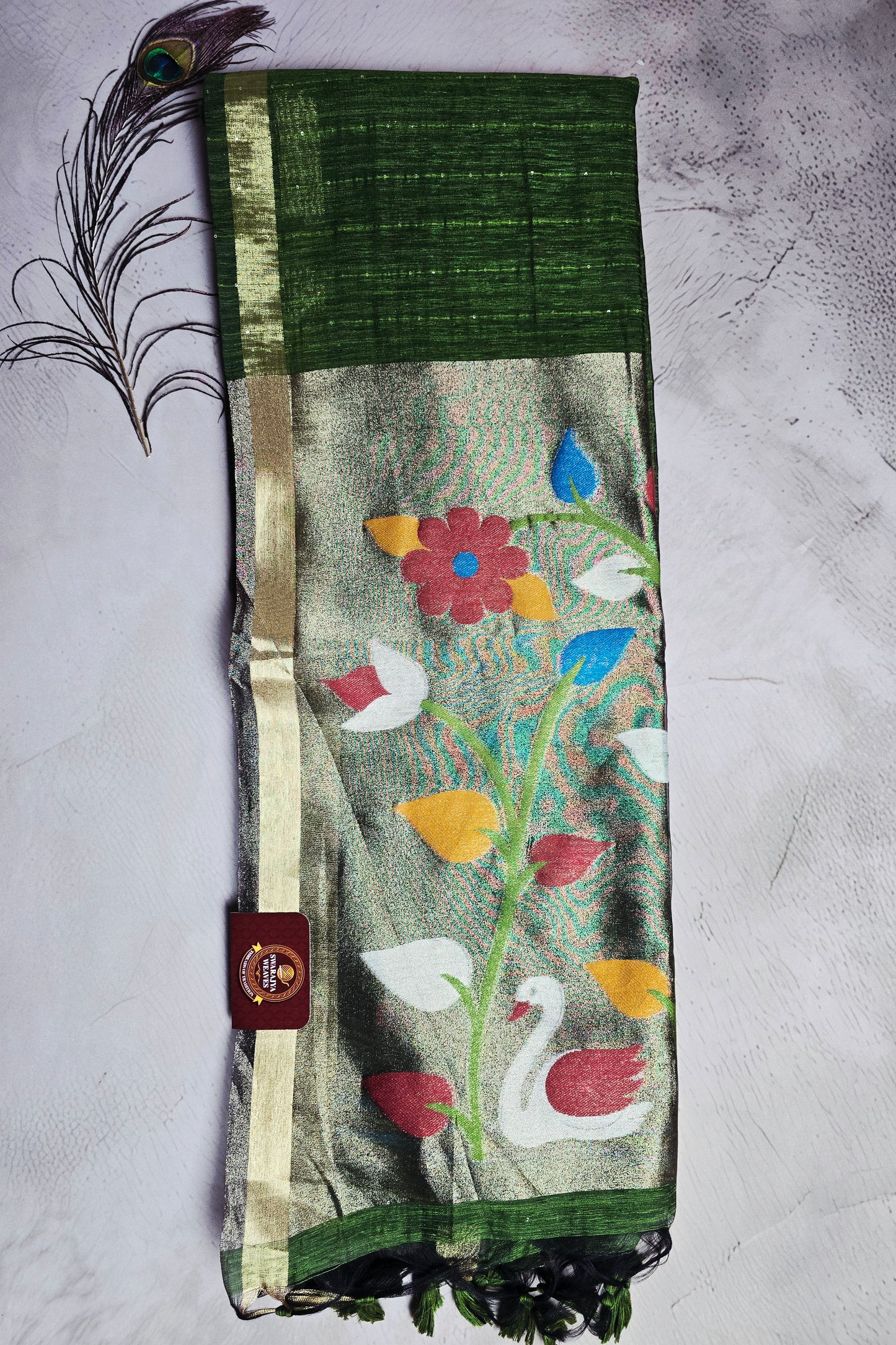 Emerald Green Tussar Silk Saree with Floral & Swan Jamdani Pallu