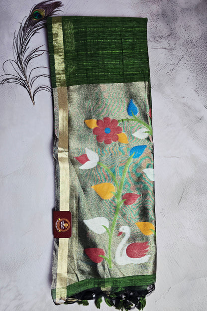 Emerald Green Tussar Silk Saree with Floral & Swan Jamdani Pallu
