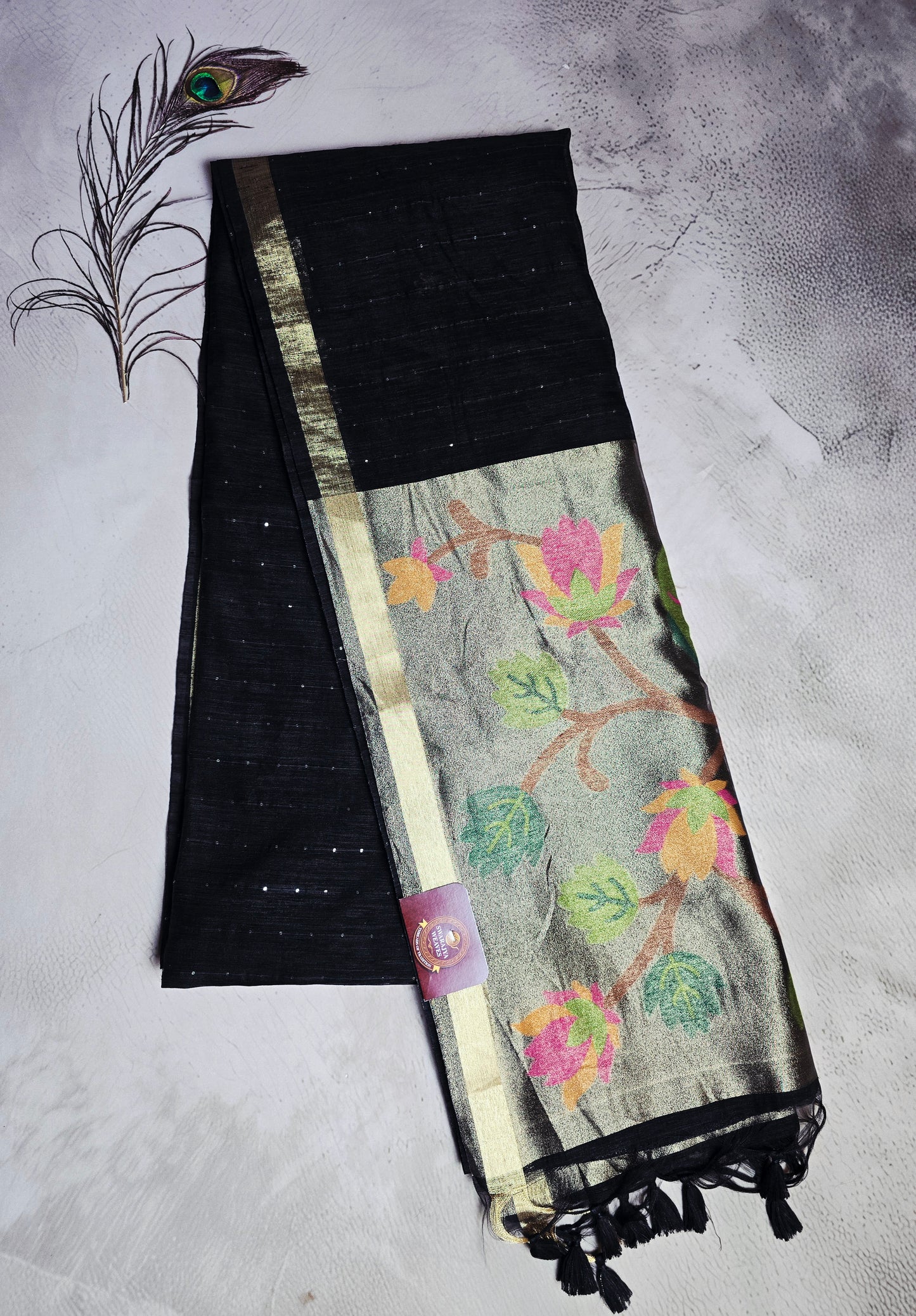 Black Tussar Silk Saree with Multicolour Floral Jamdani Pallu