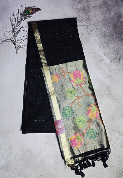 Black Tussar Silk Saree with Multicolour Floral Jamdani Pallu