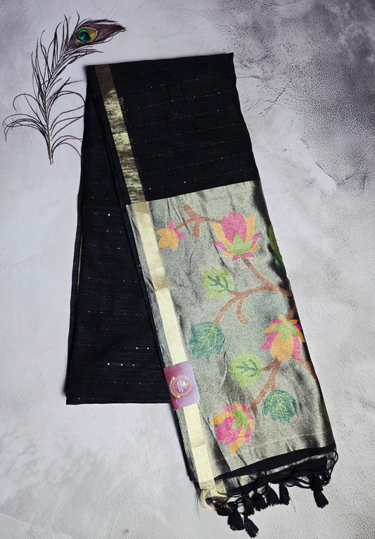 Black Tussar Silk Saree with Multicolour Floral Jamdani Pallu