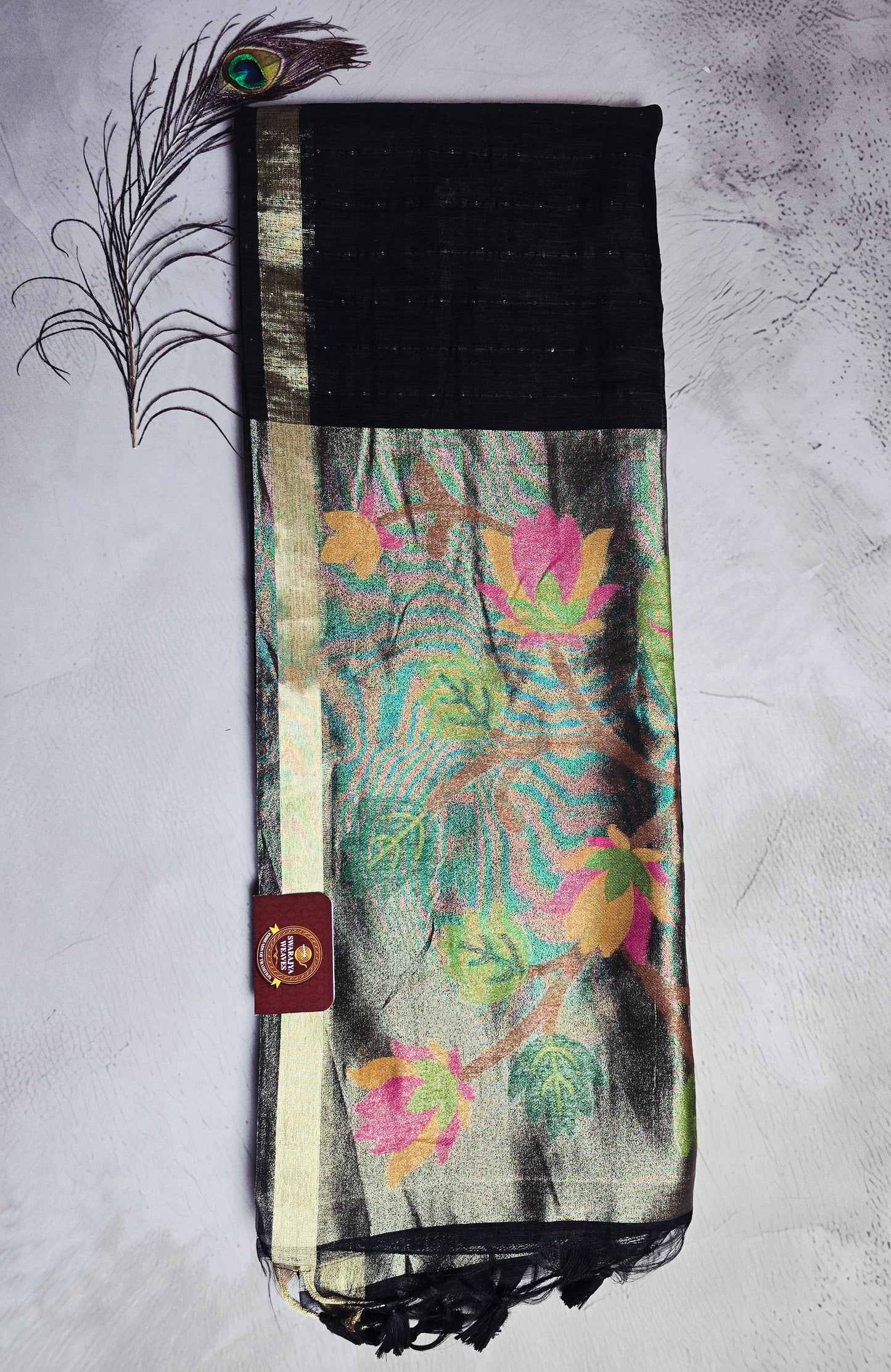 Black Tussar Silk Saree with Multicolour Floral Jamdani Pallu