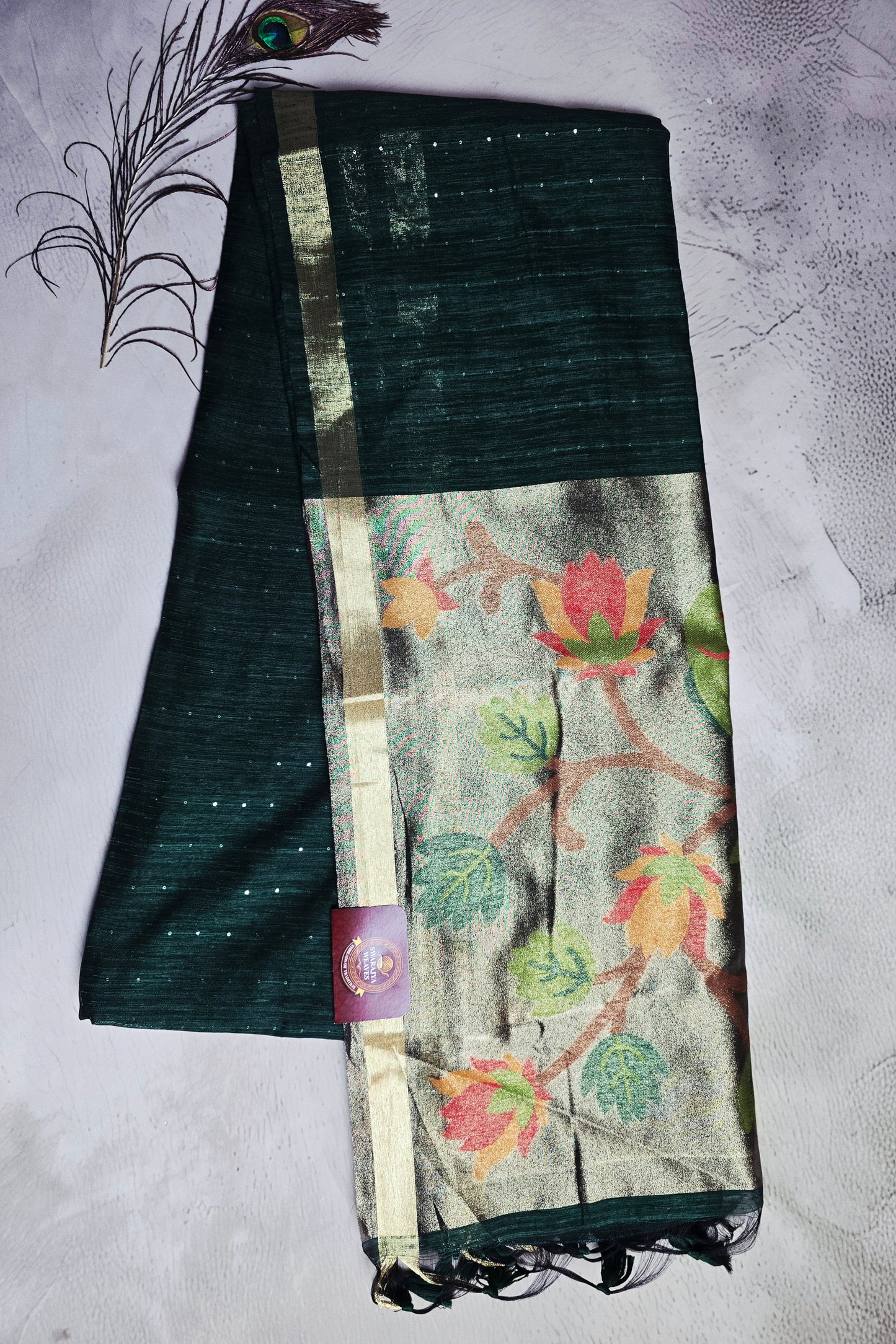 Deep Emerald Green Tussar Silk Saree with Multicolour Floral Jamdani Pallu