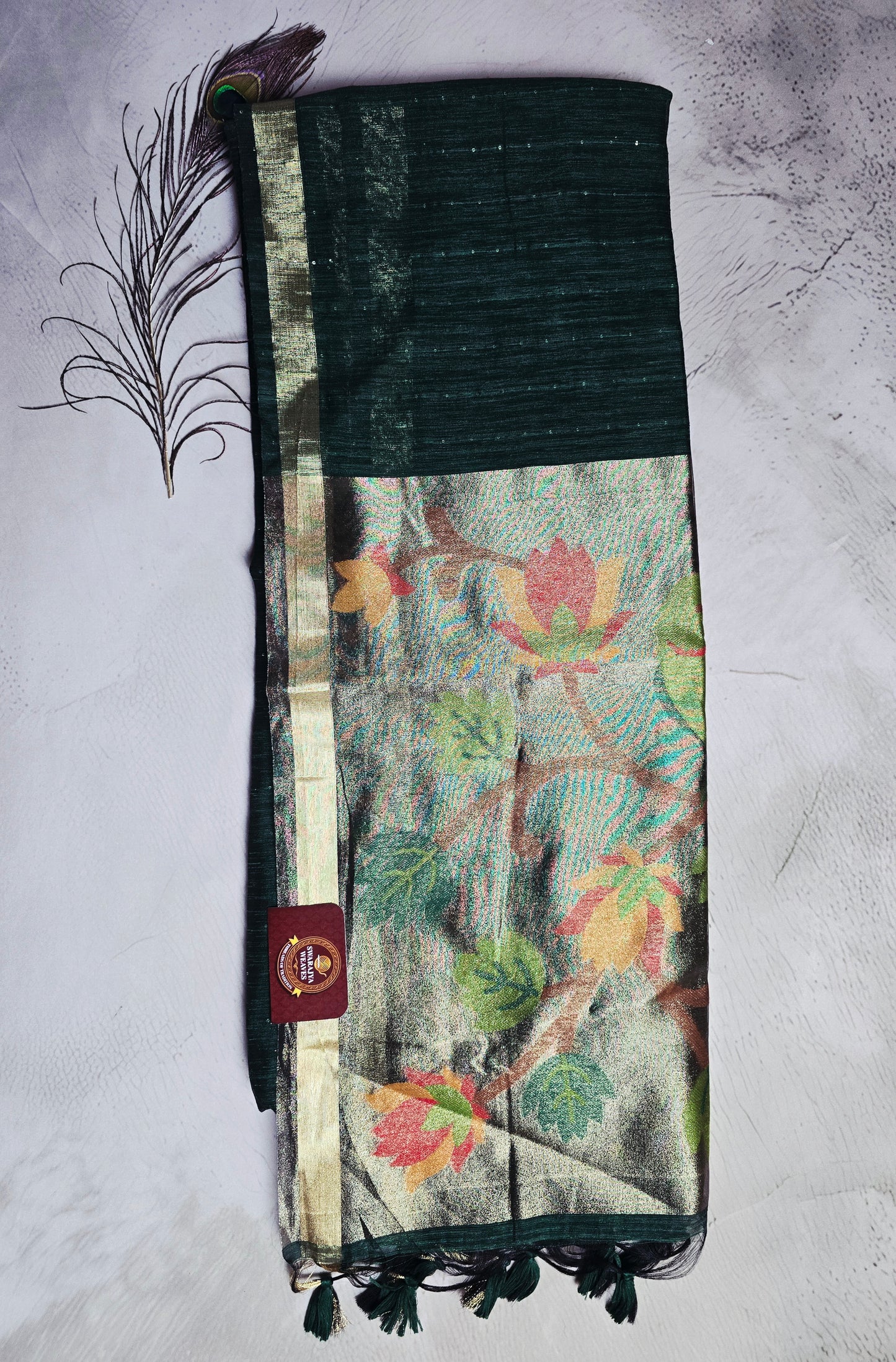 Deep Emerald Green Tussar Silk Saree with Multicolour Floral Jamdani Pallu