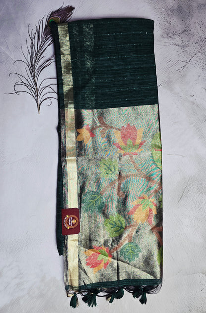 Deep Emerald Green Tussar Silk Saree with Multicolour Floral Jamdani Pallu
