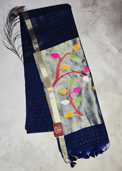 Navy Blue Tussar Silk Saree with Multicolour Leaf Jamdani Pallu