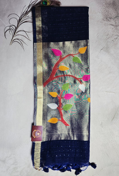 Navy Blue Tussar Silk Saree with Multicolour Leaf Jamdani Pallu