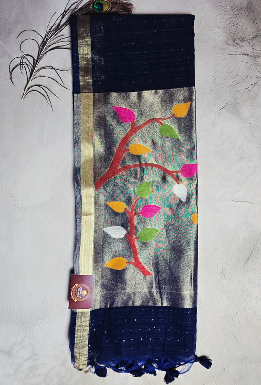 Navy Blue Tussar Silk Saree with Multicolour Leaf Jamdani Pallu