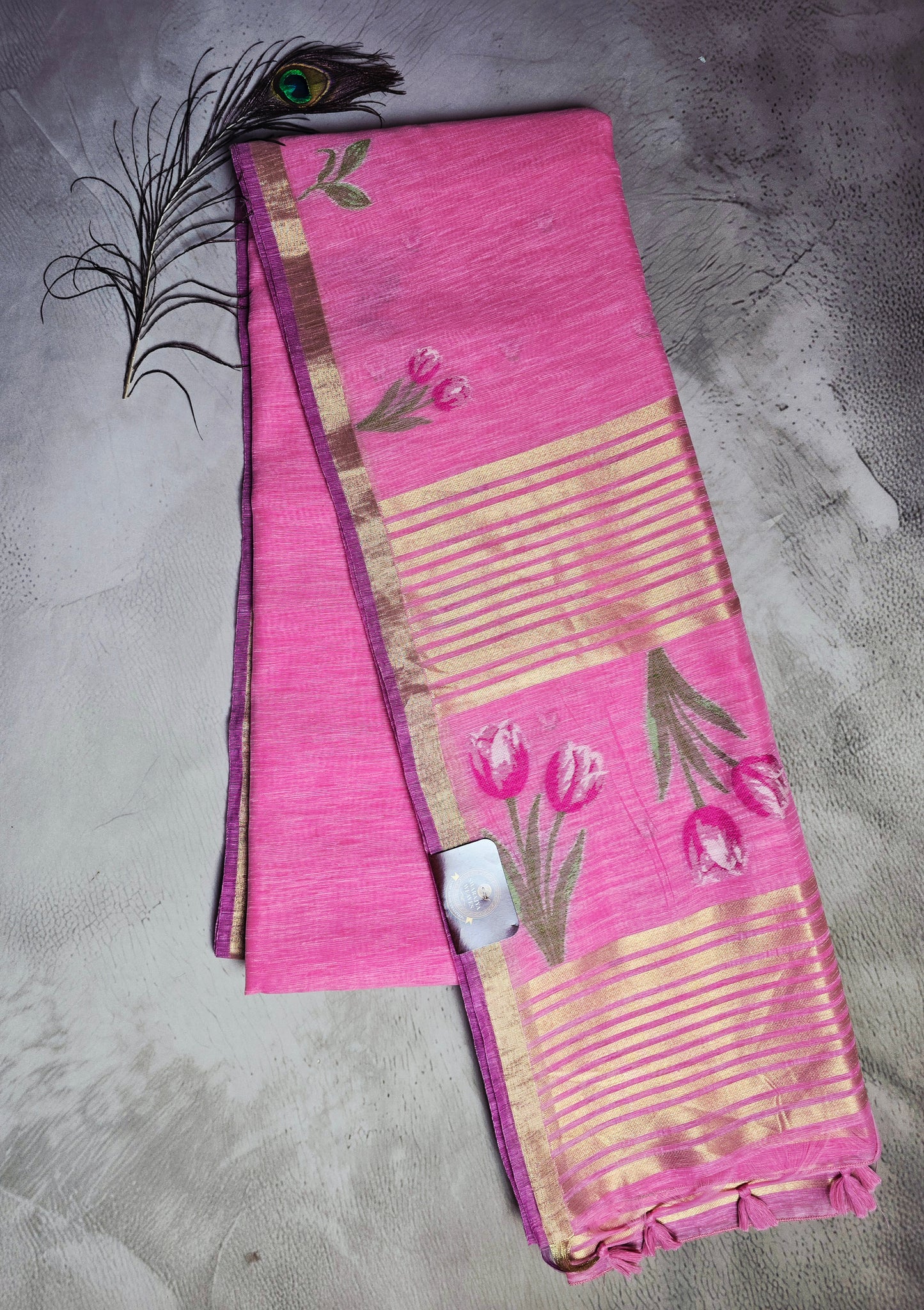 Pink Tussar Silk Saree with Floral Jamdani Pallu and Golden Stripes