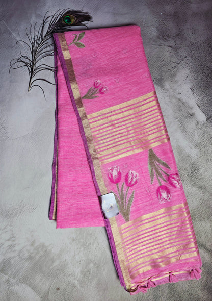 Pink Tussar Silk Saree with Floral Jamdani Pallu and Golden Stripes