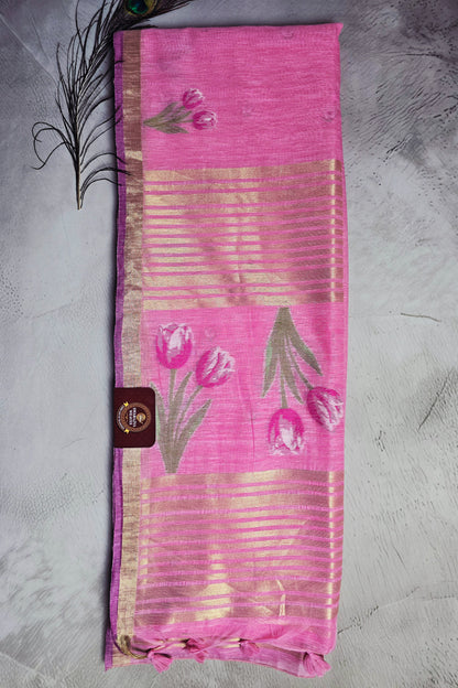 Pink Tussar Silk Saree with Floral Jamdani Pallu and Golden Stripes