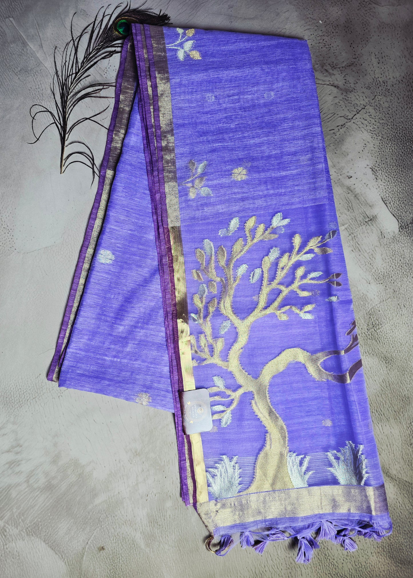 Lavender Purple Tussar Silk Saree with Tree Motif Jamdani Pallu and Golden Accents