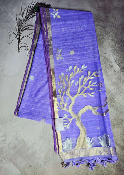 Lavender Purple Tussar Silk Saree with Tree Motif Jamdani Pallu and Golden Accents