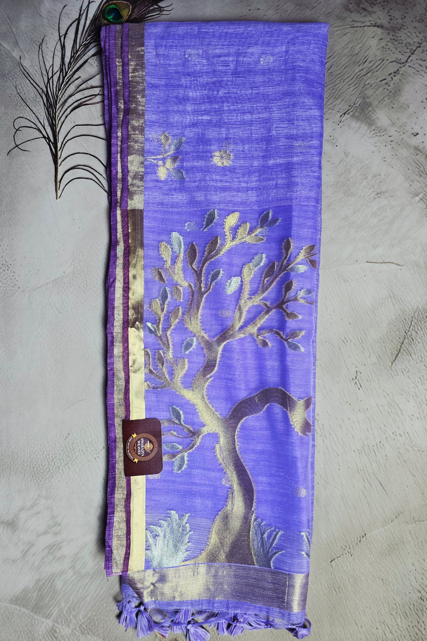 Lavender Purple Tussar Silk Saree with Tree Motif Jamdani Pallu and Golden Accents