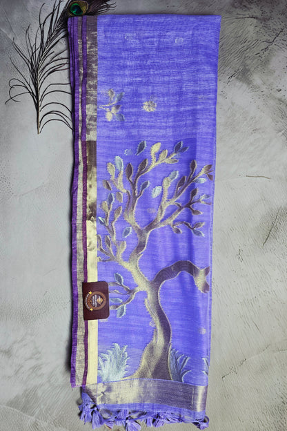 Lavender Purple Tussar Silk Saree with Tree Motif Jamdani Pallu and Golden Accents